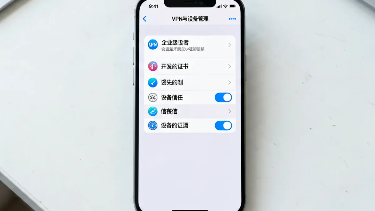 手机屏幕展示iOS企业证书信任流程示意图，包含安装与撤销两个关键节点