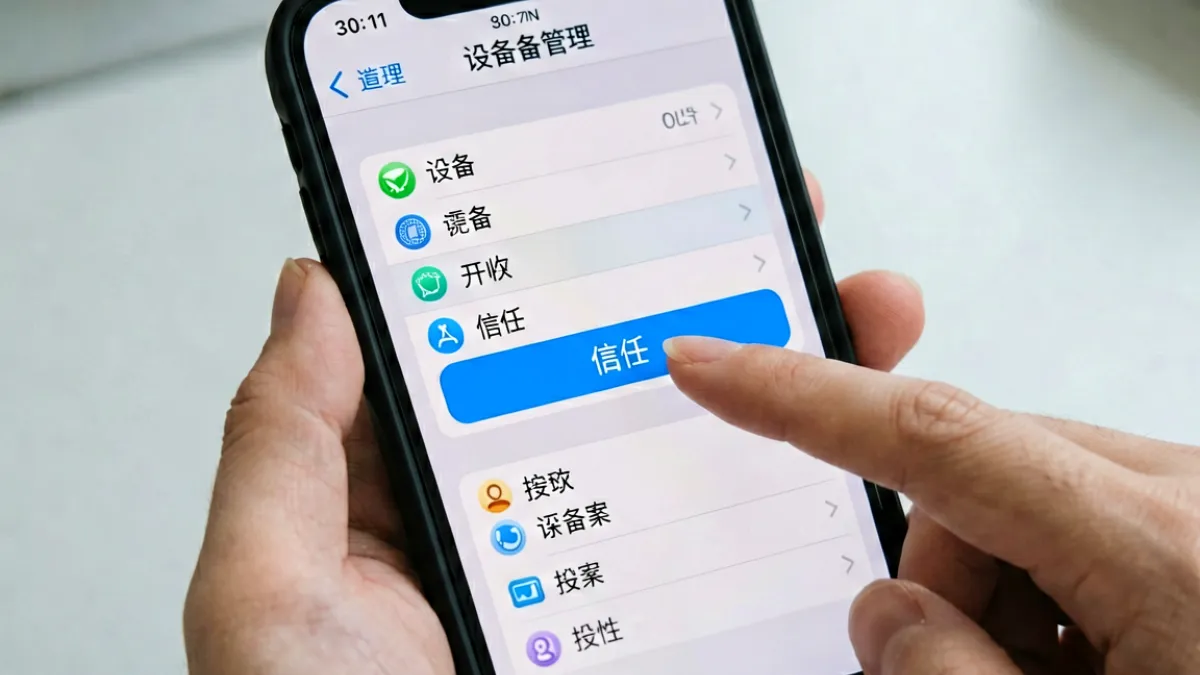 手机系统设置界面展示如何信任企业证书，帮助用户完成芭乐app下载后的正常启动