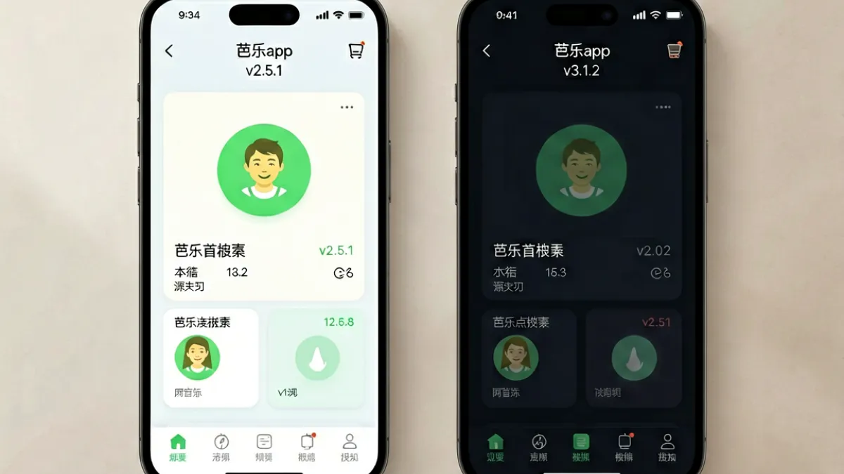 芭乐app下载v3.1.2与v2.5.1在同一手机屏幕上的界面截图对比，展示功能菜单排列与夜间模式效果